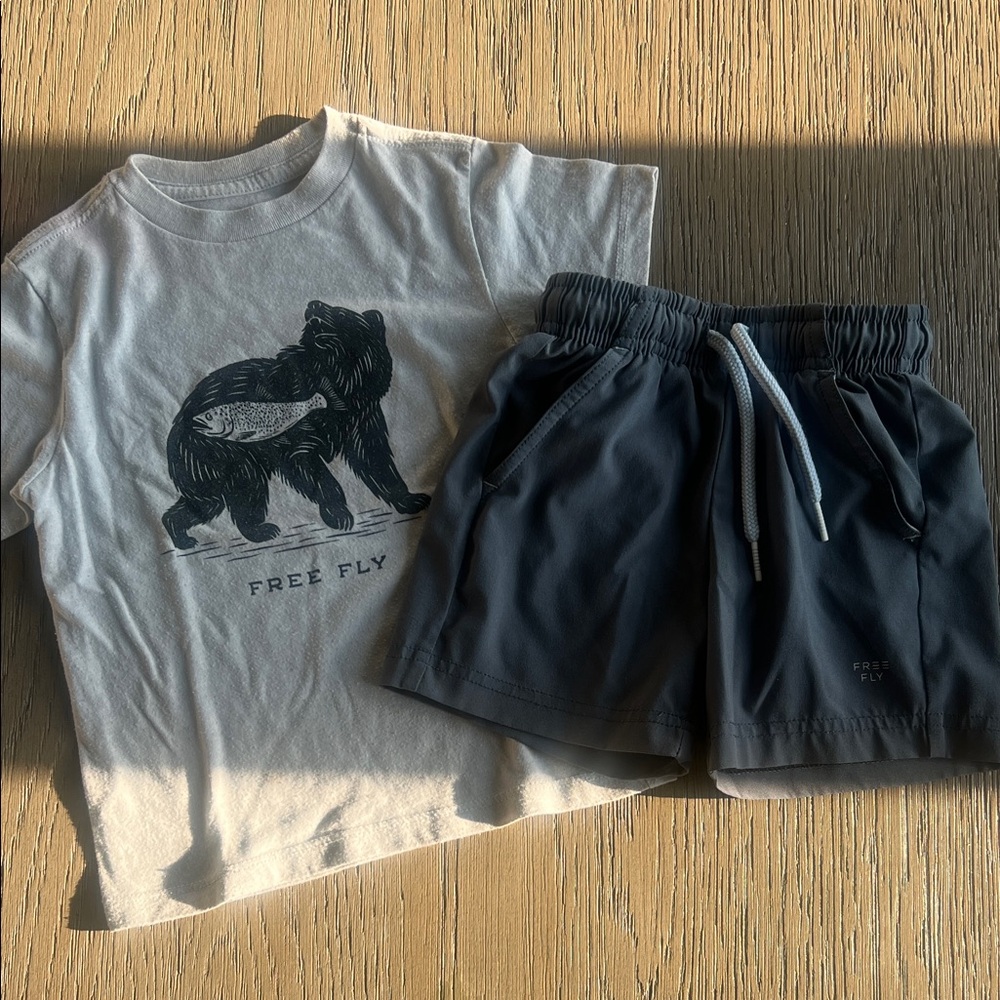 Free Fly Kids Bear Graphic Tee & Gray Shorts Set